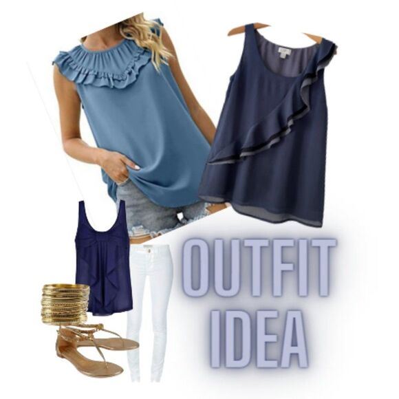 LOFT Sleeveless Blue Round-Neck layered Ruffled Top, lined Size S - Picture 3 of 7